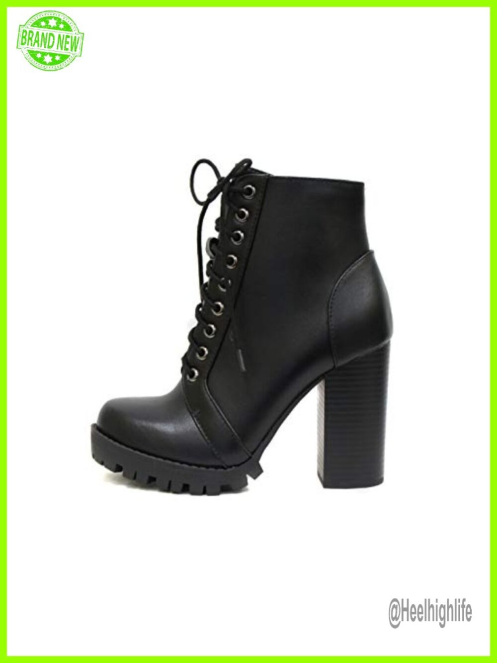 Lace Up Military Inspired Ankle Boot with Stacked Heel and Side Zipper